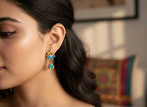 Elegant Gold & Blue Stone Dangle Earrings