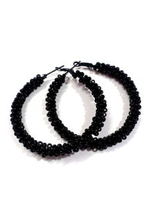Black Beaded Hoop Earrings (Handmade)