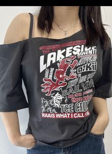 Dark grey Asymmetrical Neck Graphic Top