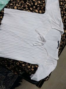 White Ribbed Tie-Front Top