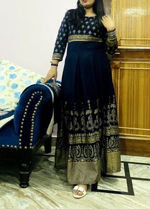Blue & Golden Anarkali Long Kurti For Wedding