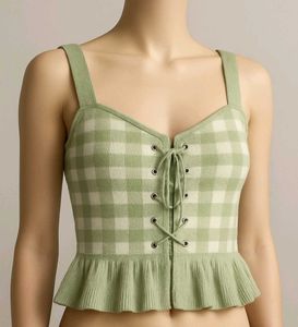 Green Gingham Knit Top