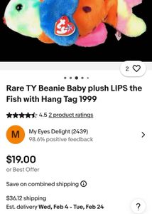 Rare TY Beanie Baby plush LIPS the Fish