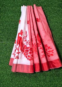 Peacock Handloom Saree - White & Red