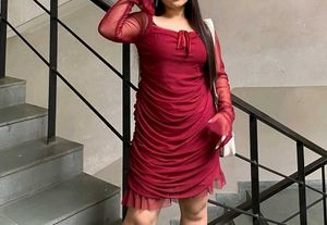 Burgundy Ruffle Mesh Mini Dress