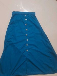 Blue Button-Front Midi Skirt