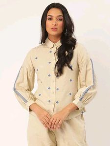 ROOTED Women Off-White Embroidered Shirt Style Top