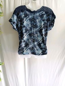 Blue Printed Top With Lace &amp; Bead Work On Shoulder