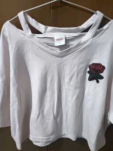 White Crop Top with Rose Patch