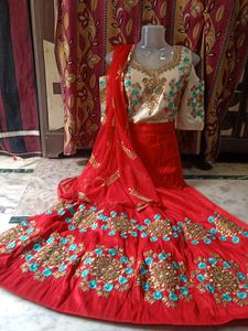 Red &amp; White Embroidered Lehenga
