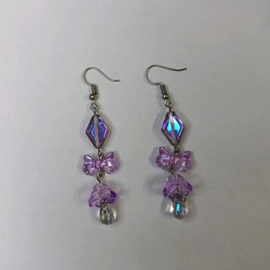Handmade Bow Earrings with Drop - Purple
