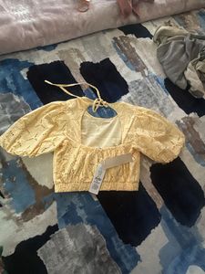 Yellow Eyelet Crop Top - Puff Sleeves
