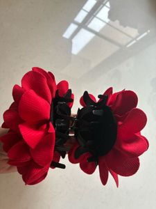 Hair Flower Clips - Red &amp; Gray