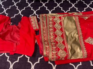 Elegant Red &amp; Gold Saree with stitched blouse