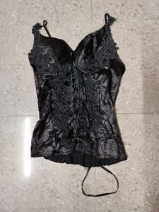 Black lace and stone detail satin cami top