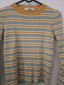 Women Mock Neck Yellow Stripes Sweater