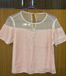 Pink Sequin Top with Mesh Detail