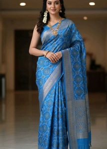 Elegant Blue Printed dola silk Saree