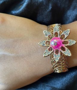 Gold &amp; Pink Flower Statement Bracelet