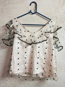 Trendy Polka Dot Ruffle Crop Top Layered Cream