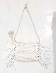 Boho Macrame Fringe Sling Bag – Off-White