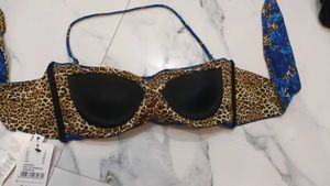 Floral Bikini Top - Blue &amp; Leopard Print