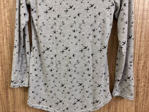 Grey Bird Print Long Sleeve Henley Top – S