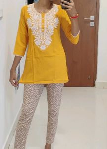 Embroidery Yellow Short Kurti