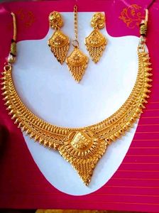 Golden Necklace With Earrings And Maangtika Jewell
