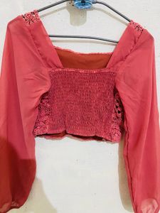 Knitted Pink Crop Top With Full Sleeves