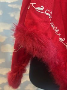 Red Kashmiri Embroidered Poncho with Fur Trim