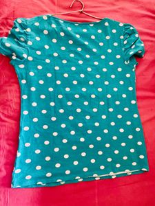 Sea Green Polka Dot Ruched Puff Sleeves Top