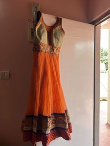 Orange Sleeveless festive Salwar Set