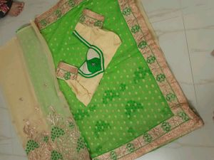 Parrot Green And Cream Colour Saree