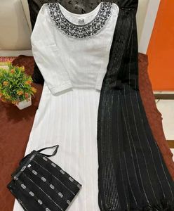 Elegant White & Black Embroidered Kurti Set
