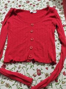 Red Ribbed Button-Up Top