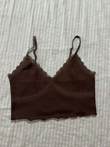 Brown Lace Trim Cami Top