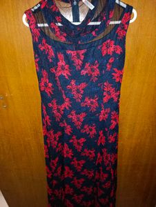 Elegant Navy Blue & Red Floral Long Dress