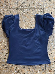 Tokyo Talkies Navy Blue Puff Sleeves Fitted Top