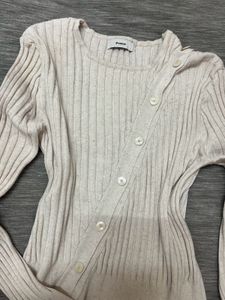 Ribbed Beige Button-Down Top