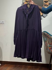 Purple Pleated High-Neck Dress