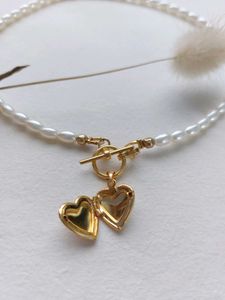 Glass Pearl T-Lock Necklace with Heart Locket