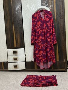 High Low Floral Print Tunic & Pants Set