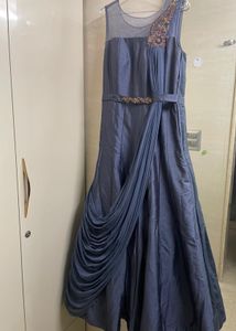 Stunning Metallic Grey Evening Gown With Drape