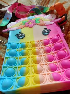 Combo Set Of Cute Unicorn Popit Bag Unicorn Coloured Shirt And Hair Clip