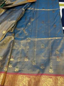Kanchivaram Pure Silk   Grey And Orange Saree