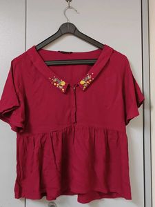 Maroon Top with Embroidered Collar