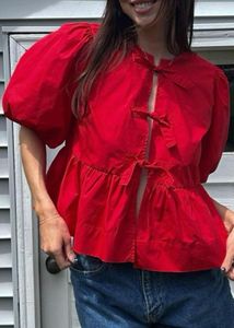 Pinteresty Red Puff Sleeve Tie-Front Top