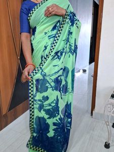 Green and blue prints Saree
