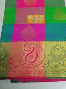 Rose With Green Emboss Silk Saree .